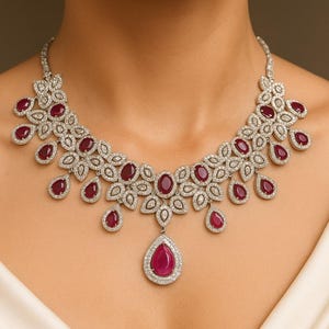 Ruby Necklace PREMIUM Pink Sapphire Diamond India Jewelry Set Statement Pink Ruby Diamond Necklace Set Cubic Zirconia Ruby Stone Necklace CZ