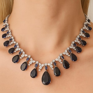 Sapphire Diamond Necklace PREMIUM Blue India Jewelry Blue Sapphire Statement  DESIGNER Blue Bride Necklace Cubic Zirconia Sapphire CZ Gift