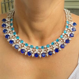 Sapphire Necklace PREMIUM Blue American Diamond Statement India Jewelry CZ Blue Sapphire Diamond Necklace DESIGNER Inspired Sapphire Stone