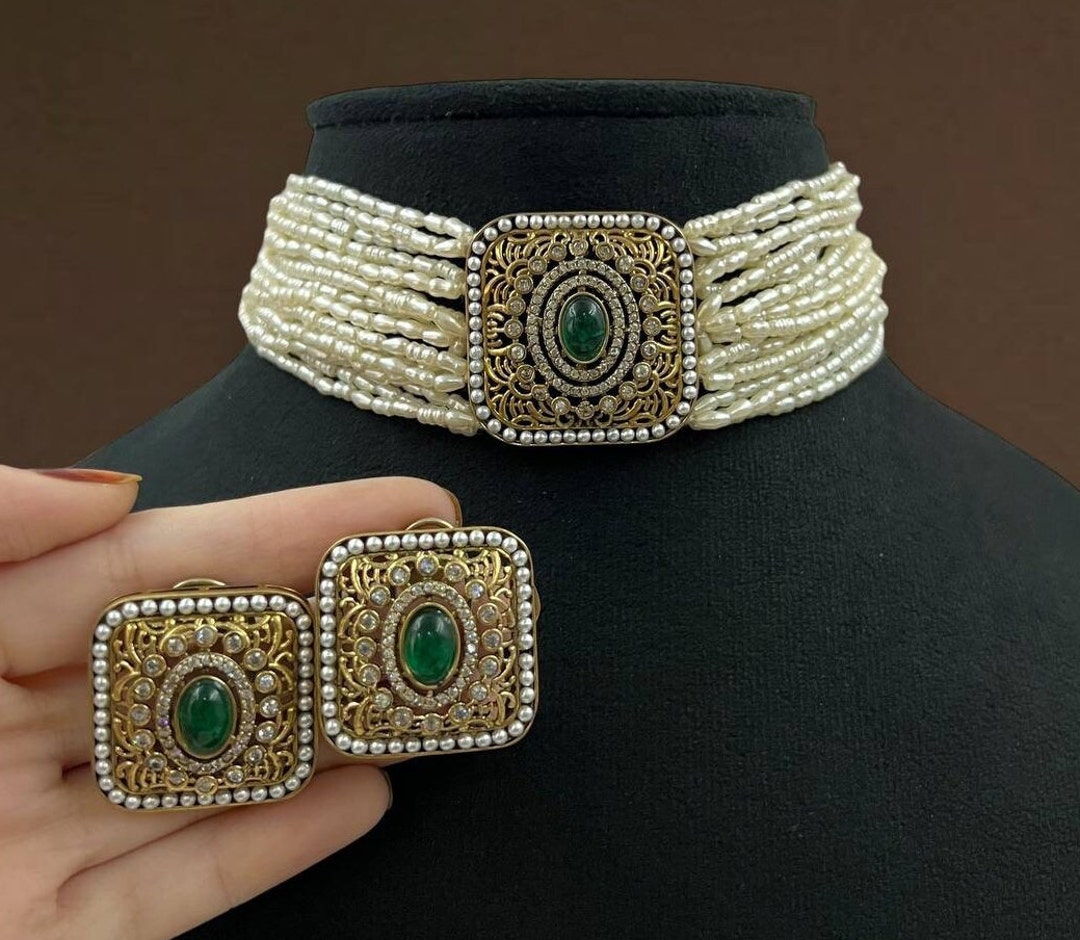 Emerald Kundan Choker Green Indian Gold Necklace Victorian Polki Choker ...