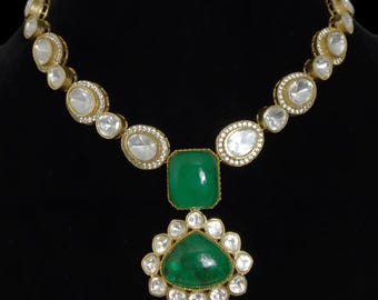 Emerald Doublet Polki Necklace Set | Kundan Jewelry Sabyasachi Inspired | Moissanite Diamond Pendant | Indian Bridal Necklace Set