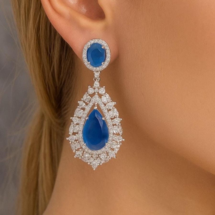 Blue Stone Earrings PREMIUM American Diamond India Jewelry Statement Light Blue Zircon Earrings Big Stone Long CZ Moissanite WEDDING Gift