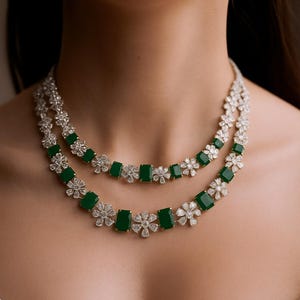 nita ambani jewelry, sabyasachi inspired, american diamond, green diamond, cz necklace india, emerald diamond, emerald necklace, green emerald set,tyaani jewelry, moissanite diamond, emerald jewelry set, emerald india set, two line necklace,