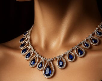 ZCGJWE Jewelry Set For Women - Necklace, Earrings, Bracelet, Adjustable Ring, Blue Sapphire Cubic Zirconia