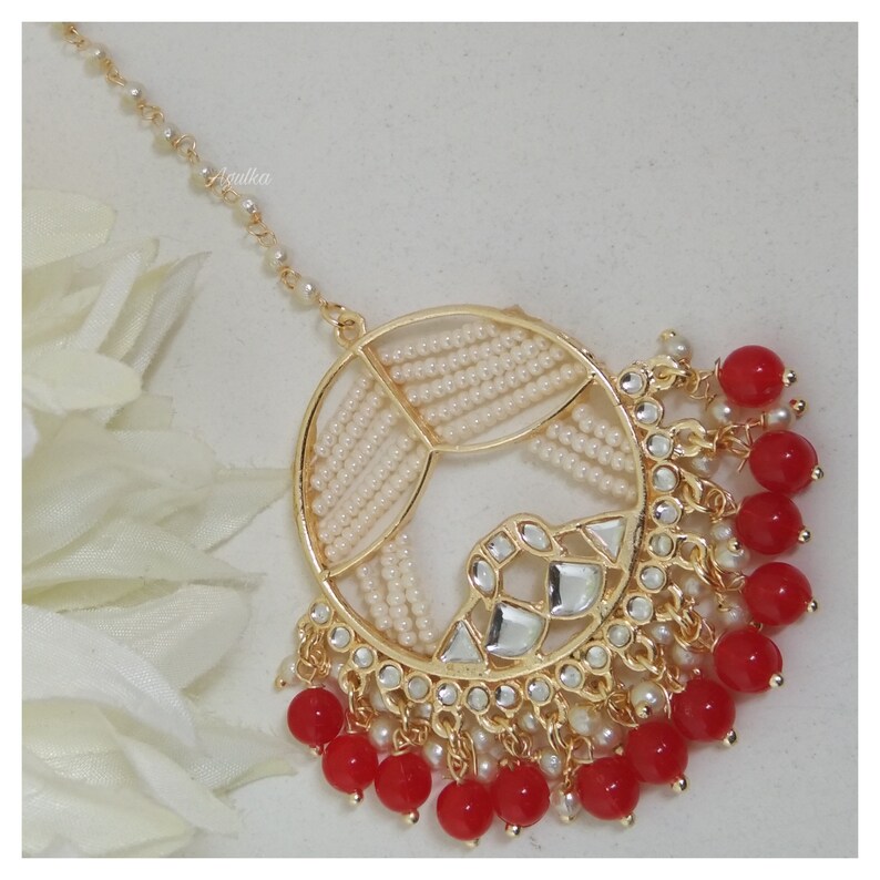 Pearl TikkaKundan Maang TikkaGreen TikkaRed Maang TikkaIndian Gold Plated Jewelry Big Punjabi TikkaPakistani Forehead JewelryTikka