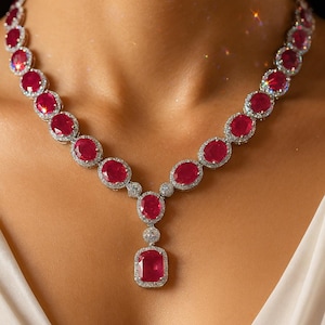 Ruby Necklace Pink Sapphire American Diamond Statement Long Pendant Ruby Jewelry Set Cubic Zirconia