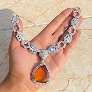 Yellow Necklace Deepika Padukon Inspired Cz Diamond Drop Jewelry Sets Modern Citrine Crystal Pendant Necklace Statement Wedding Jewelry Gift image 8