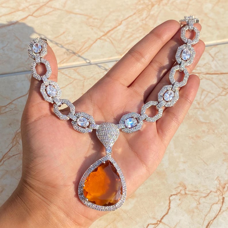 Yellow Necklace Deepika Padukon Inspired Cz Diamond Drop Jewelry Sets Modern Citrine Crystal Pendant Necklace Statement Wedding Jewelry Gift image 8