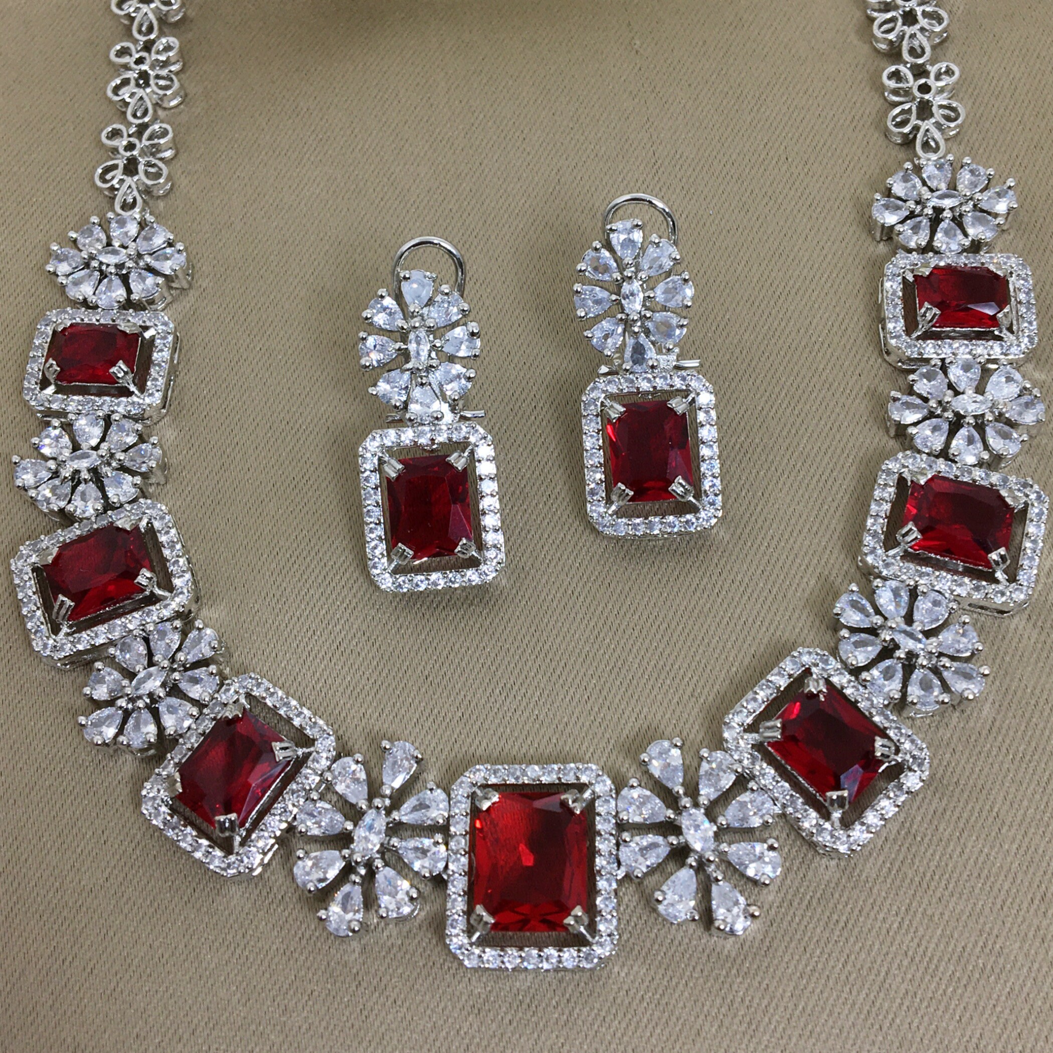 Red Diamond Necklace Ruby CZ American Diamond Set CZ Jewelry - Etsy
