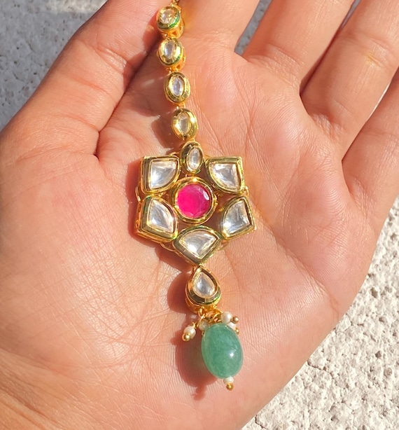 Kundan Maang Tikka | Pink Polki Tikka | 22K Gold Plated Bridal Headpiece | Indian Wedding Forehead Jewelry Jadau Tikka