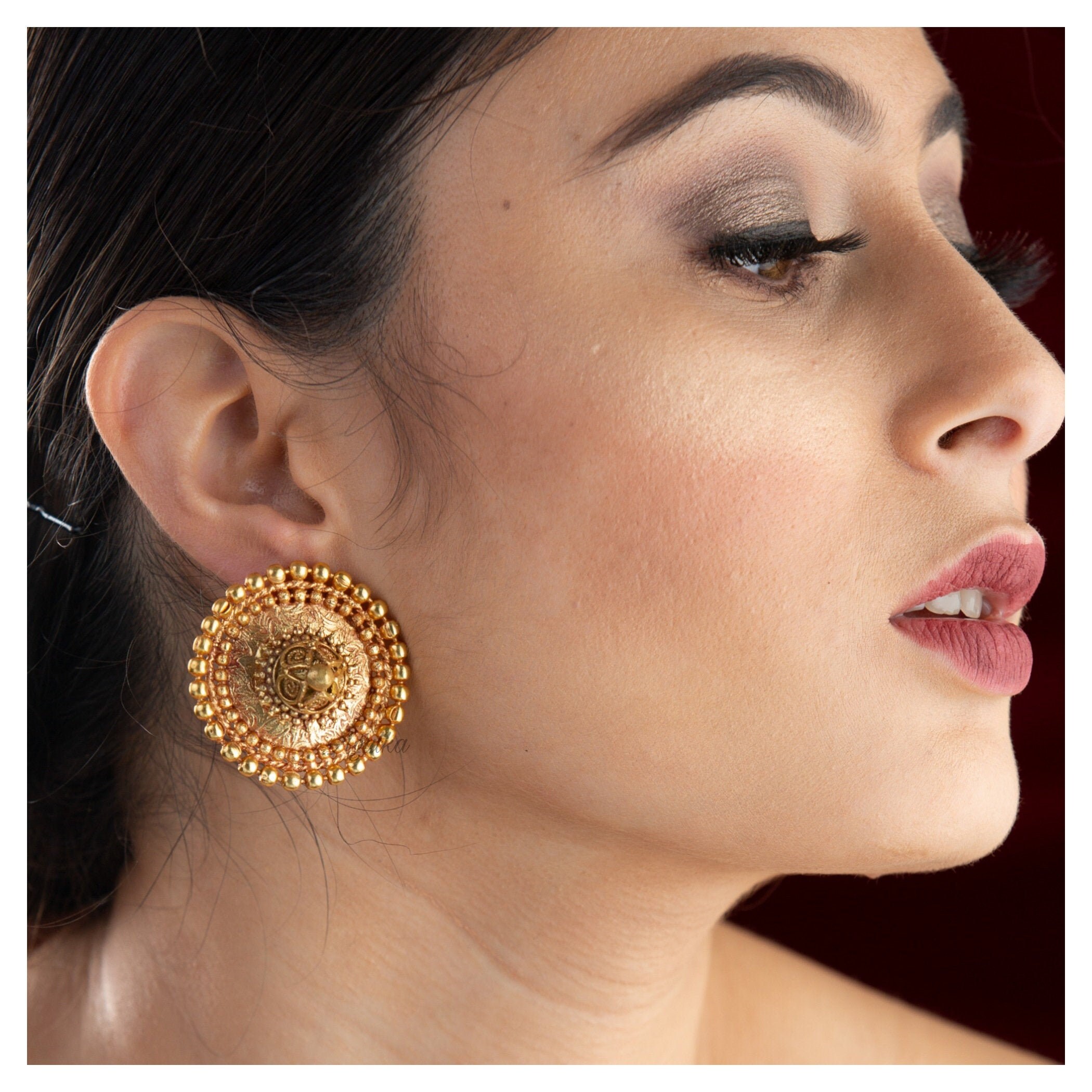 Gold Stud Earrings/Temple Studs/Antique Gold Studs/Gold Plated Etsy