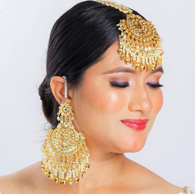 Tikka Earrings Set | Punjabi Bridal Jewelry | Oversized Kundan Polki Set | Indian Wedding Forehead Tikka image 4