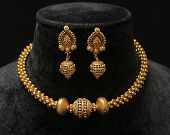 Indian Jewelry Antique Gold Choker Indian Gold Necklace South Indian Jewelry Designer Temple Necklace 22k Gold Plated Wedding Statement Set