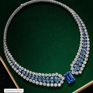 Sapphire Diamond Necklace PREMIUM Blue India Jewelry American Diamond Statement Blue Sapphire Necklace DESIGNER Replica Sapphire Set CZ