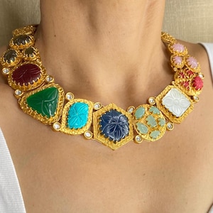 Navratan Necklace Amrapali Jewelry India Gold Necklace Uncut Polki Jewelry Jadau Kundan Necklace Statement Indian Multi Color Stone Necklace