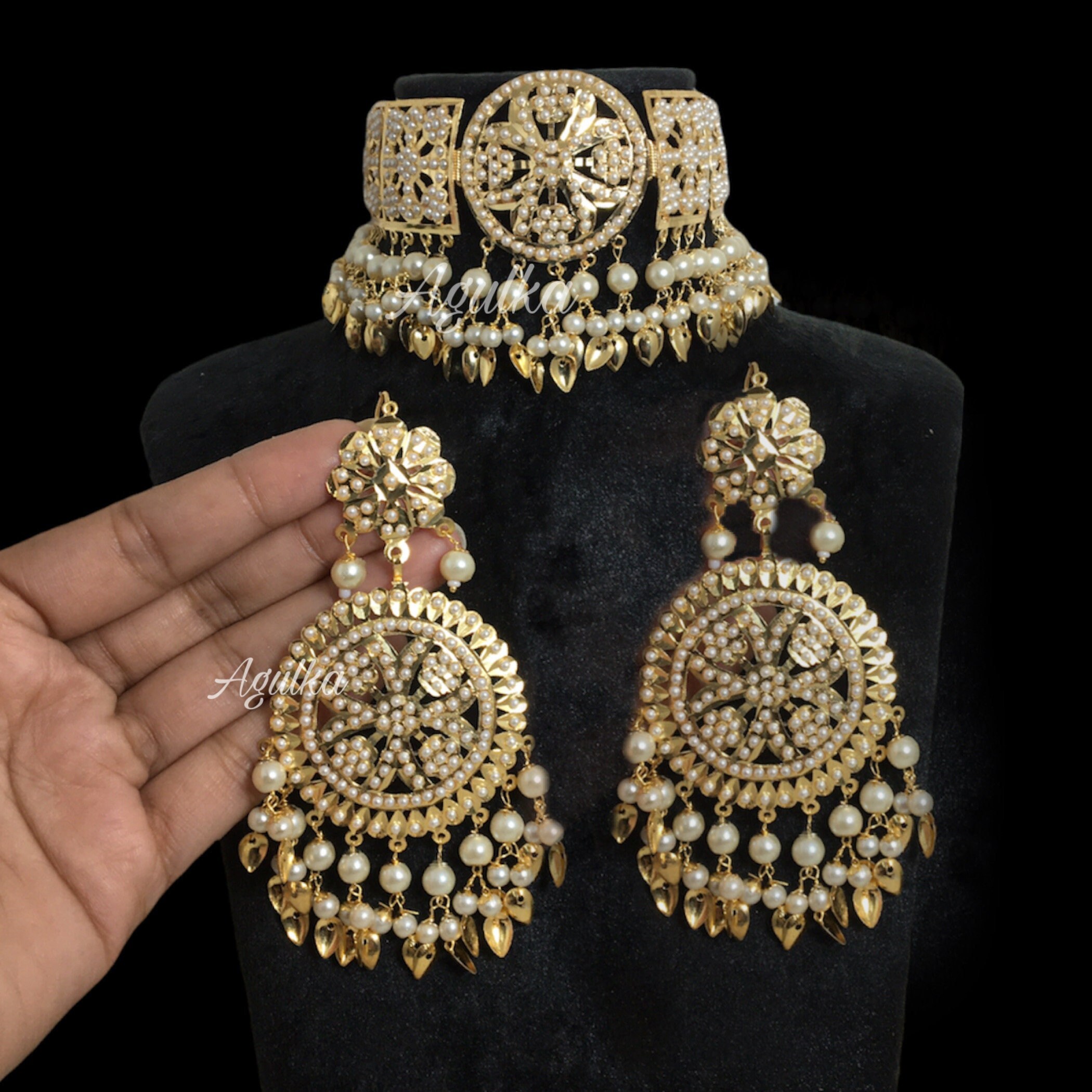 AgulkaJewels Punjabi Wedding Choker, Earrings and Maang Tikka Set/Sabyasachi Jewelry/Indian Bridal Pearl Jadau Necklace/Pipal Patti Necklace/Amrapali Set