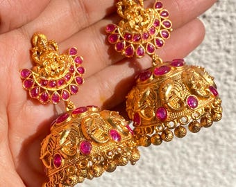 Ruby Temple Jhumka Earrings | South Indian Kemp Jewelry | Antique Gold Plated Earrings | Traditional Bridal Statement Earrings for Women