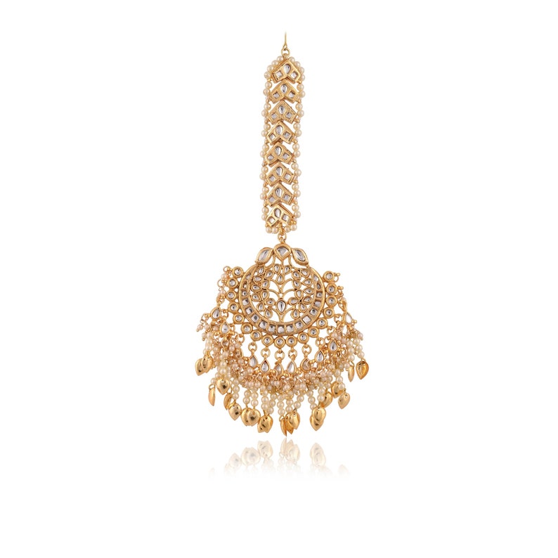 Tikka Earrings Set | Punjabi Bridal Jewelry | Oversized Kundan Polki Set | Indian Wedding Forehead Tikka image 6
