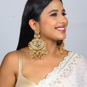 Pipal Patti Punjabi Earrings Chandbali Jadau Kundan Jewelry PREMIUM Big Indian Statement Earrings Pakistani Bridal Big Gold Kundan Chandbali image 4
