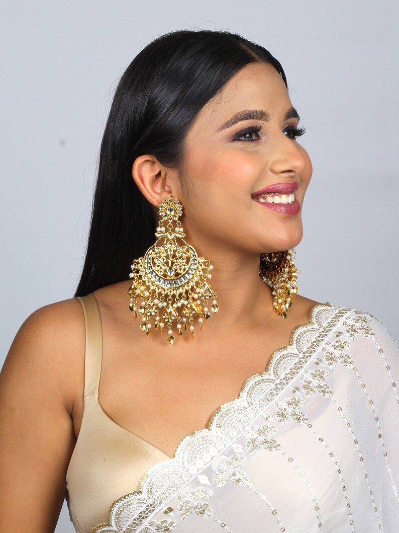 Pipal Patti Punjabi Earrings Chandbali Jadau Kundan Jewelry PREMIUM Big Indian Statement Earrings Pakistani Bridal Big Gold Kundan Chandbali image 4