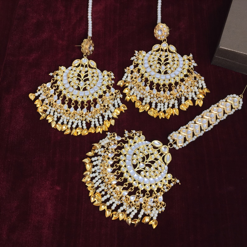 Tikka Earrings Set | Punjabi Bridal Jewelry | Oversized Kundan Polki Set | Indian Wedding Forehead Tikka image 1