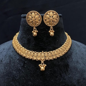 Indian Necklace 22k Gold Plated Choker Temple Jewelry Antique Gold Jewelry Delicate Traditional Necklace For Women Indian Golden Necklace