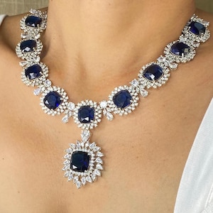 Sapphire Necklace PREMIUM Blue American Diamond Wedding Blue India Jewelry Sapphire Diamond Necklac Long Sabyasachi Inspired DESIGNER CZ Set