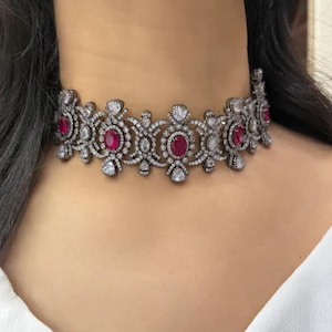 Ruby Choker PREMIUM American Diamond Pink Sapphire Ruby Jewelry Set DESIGNER Replica Pink Diamond Necklace Cubic Zirconia Bride WEDDING Gift