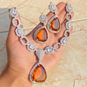 Yellow Necklace Deepika Padukon Inspired Cz Diamond Drop Jewelry Sets Modern Citrine Crystal Pendant Necklace Statement Wedding Jewelry Gift image 6