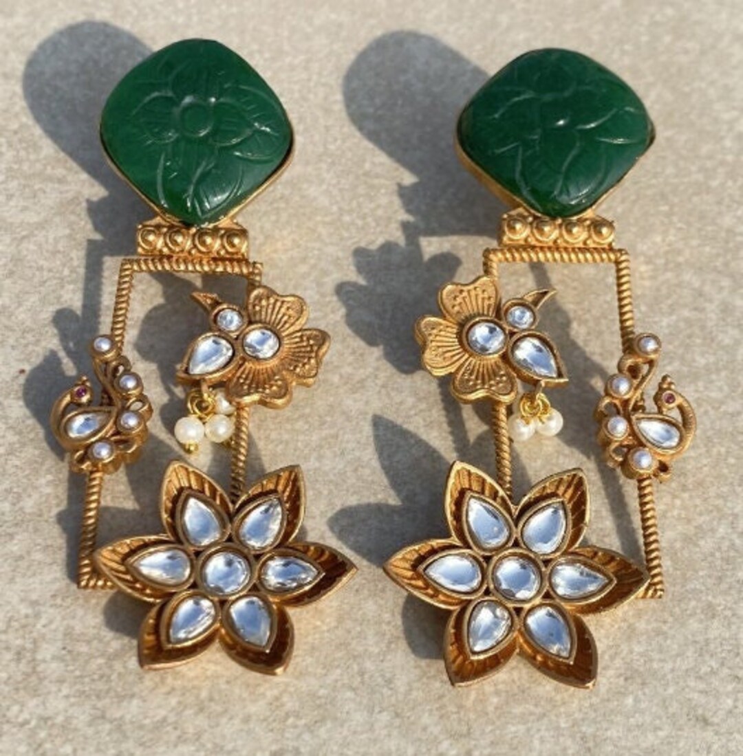 Golden and Green Kundan Polki Earrings