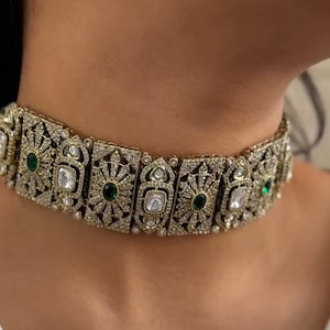 Polki Choker Emerald Green Kundan Necklace Sabyasachi Jewelry Moissanite Polki Diamond Necklace Indian Bridal Polki Jewelry Victorian Choker