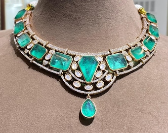 Emerald Kundan Polki Choker Necklace | Moissanite Diamond Jewelry | Indian Bridal Statement Necklace | Doublet Jewelry