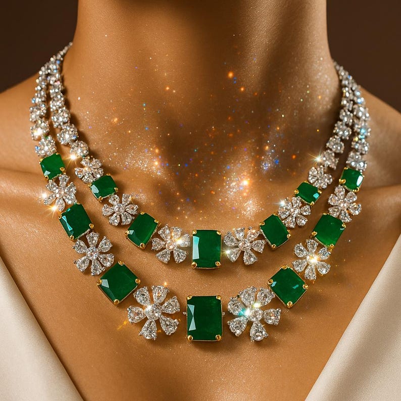 nita ambani jewelry, sabyasachi inspired, american diamond, green diamond, cz necklace india, emerald diamond, emerald necklace, green emerald set, tyaani jewelry, moissanite diamond, emerald jewelry set, emerald india set, two line necklace,