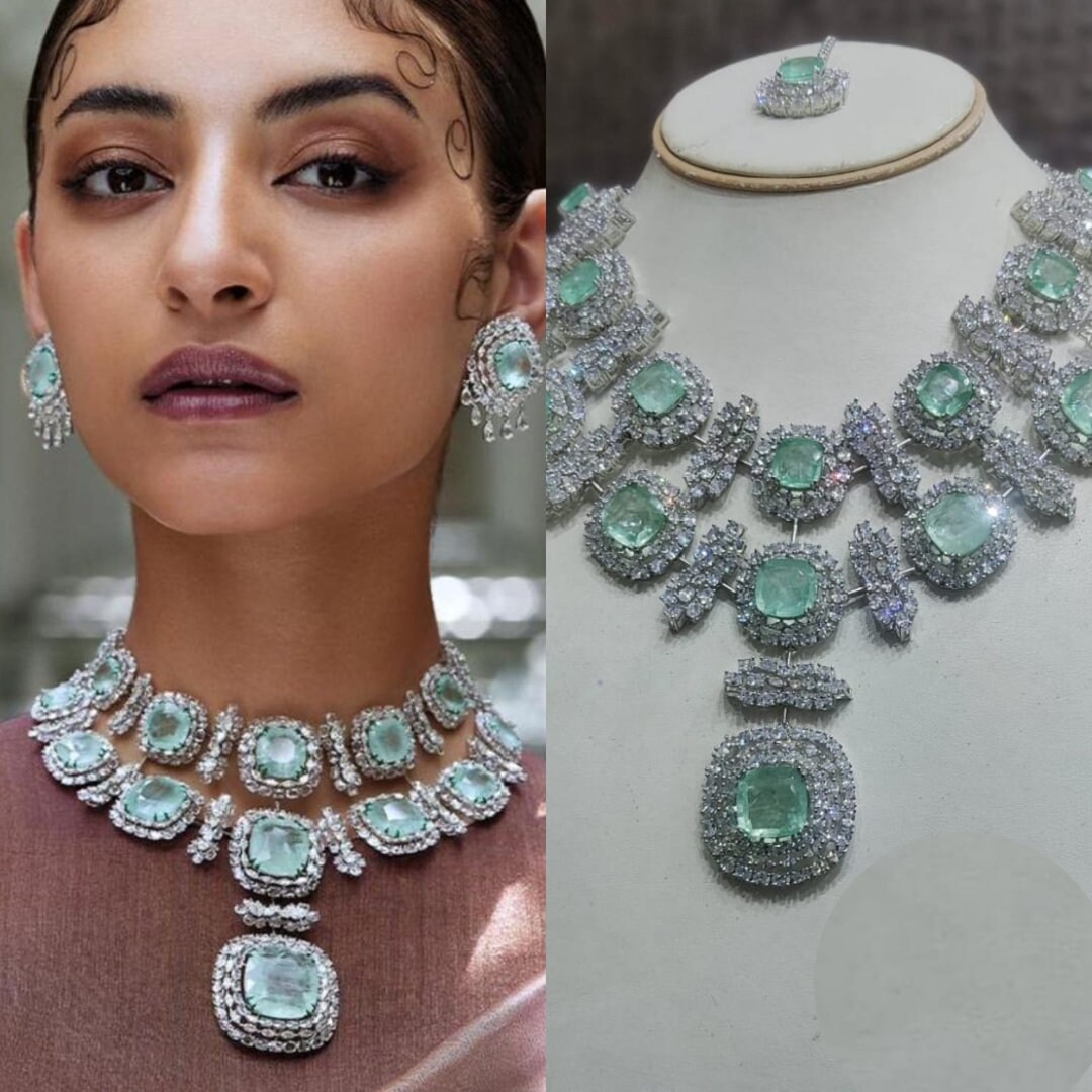 AgulkaJewels Manish Malhotra Jewelry Mint Necklace Green American Diamond Necklace Set Mint Green Necklace India Jewelry Statment Big Stone Necklace CZ
