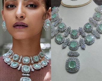 Manish Malhotra Jewelry Mint Necklace Green American Diamond Necklace Set Mint Green Necklace India Jewelry Statment Big Stone Necklace CZ