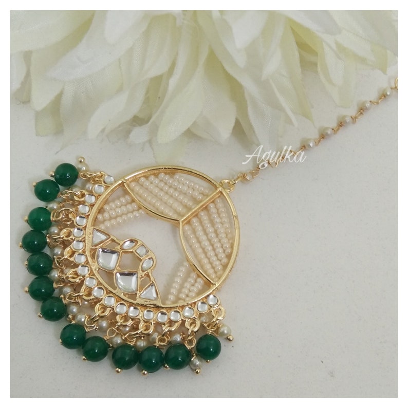 Pearl TikkaKundan Maang TikkaGreen TikkaRed Maang TikkaIndian Gold Plated Jewelry Big Punjabi TikkaPakistani Forehead JewelryTikka
