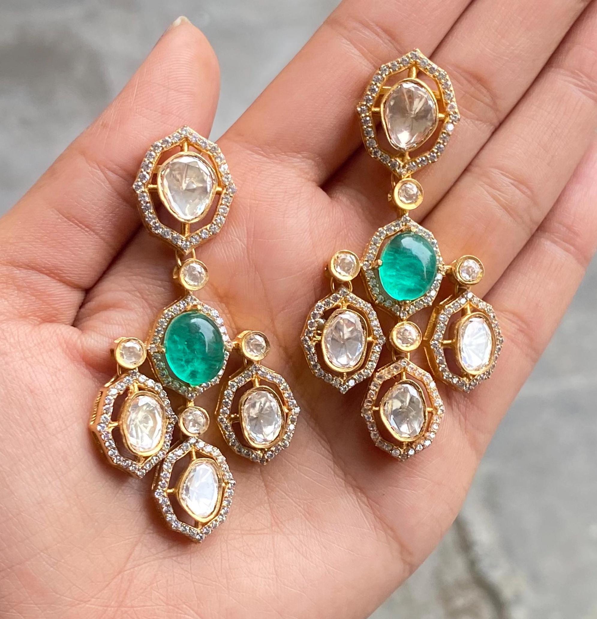 Emerald Polki Earrings Sabyasachi Inspired Moissanite Polki Diamond Earrings India Jewelry Long India Earrings Doublet Jewelry Polki Jewelry