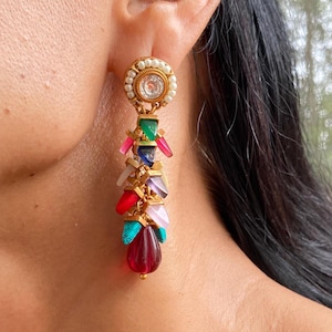 Navratan Earring Multi Stone India Polki Earrings UNIQUE Long Kundan Earring Sabyasachi Jewelry Antique Gold Navratan Jewelry Polki Jewelry