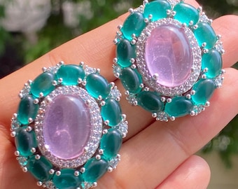 Green Pink Stone Earrings | American Diamond CZ | Large Statement Studs | Bridal Jewelry India