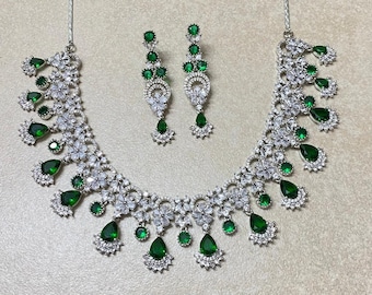 Emerald Necklace Set | Green American Diamond Bridal Jewelry | CZ Moissanite Wedding Necklace Gift for Her