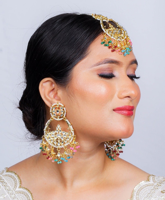 Kundan Earrings and Maangtikka Set,maangtikka With Chandbali,indian  Traditional Kundan Jewelry,punjabi Traditional Jewelry,gold Plated Tikka -  Etsy