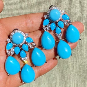 Turquoise Statement Earrings | Blue Firoza CZ Jewelry | Large American Diamond Earrings | Indian Designer Bridal Earrings