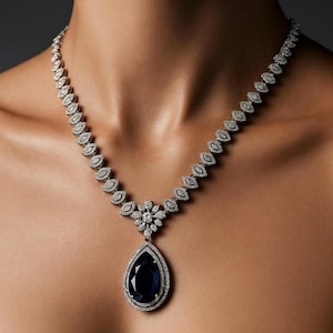 Sapphire Necklace PREMIUM Blue American Diamond Statement India Jewelry CZ Blue Sapphire Diamond Necklace DESIGNER Inspired Pendant Set Dupe