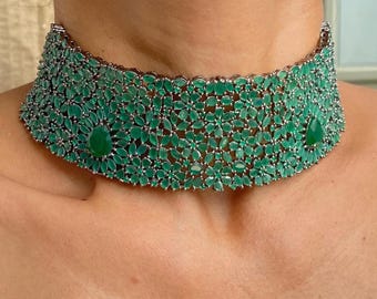 Gargantilla de circonita cúbica verde esmeralda / Joyería de diamantes americanos / Collar nupcial indio llamativo