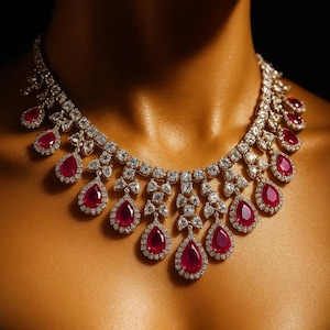 May include: A dazzling necklace featuring teardrop-shaped ruby gemstones, each surrounded by a halo of small, sparkling diamonds. The necklace has a delicate, intricate design with a series of diamond clusters and ruby pendants, creating a luxurious and elegant look.