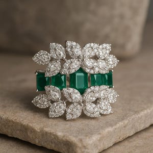 Puede incluir: Un anillo de plata con un diseño floral. Presenta piedras preciosas verdes talla esmeralda y diamantes blancos brillantes. El anillo tiene una apariencia en capas con las piedras preciosas engastadas entre los elementos florales.