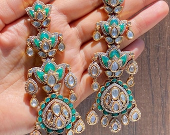 Polki Earrings | Long Kundan Earrings | Moissanite Polki Diamond | Sabyasachi Inspired Indian Jewelry | Antique Gold Statement Earrings