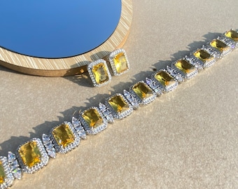 Yellow Diamond Necklace CZ Choker Luxury Designer Inspired Bridal Jewelry Yellow Stone Statement Wedding Jewelry Gift
