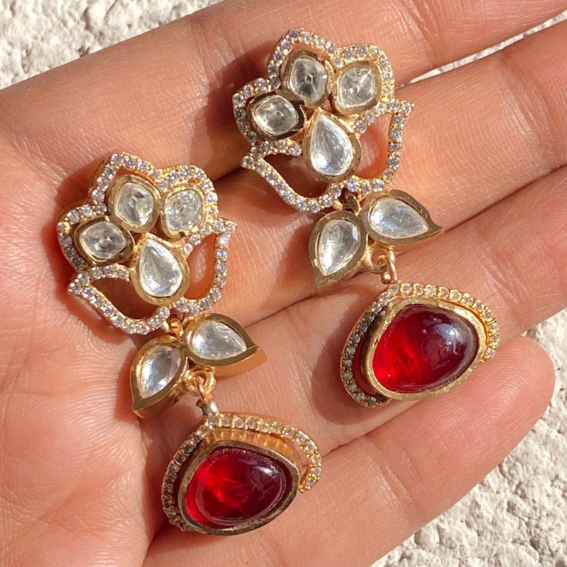 Golden, Red Kundan Polki Earrings main image 1