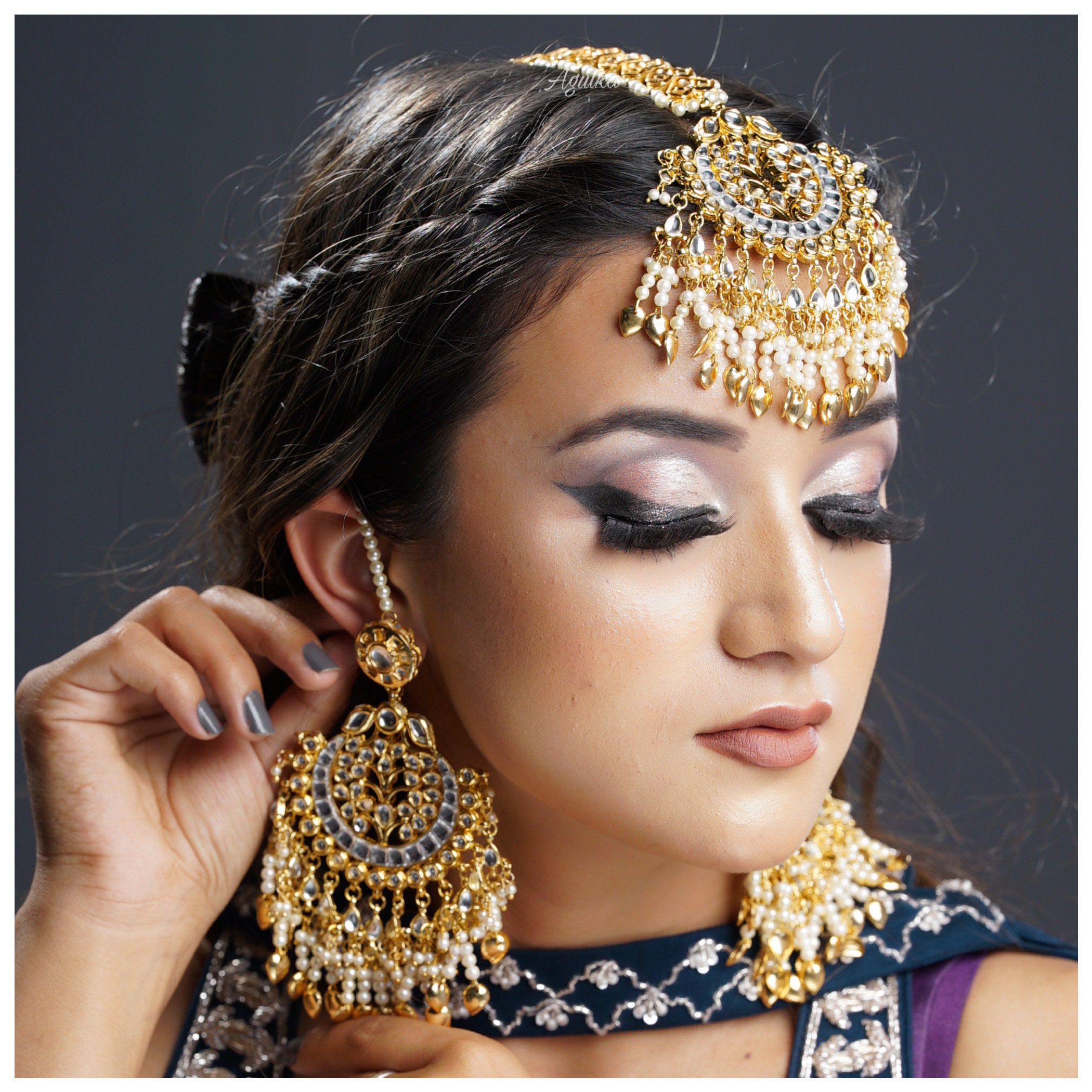 Indian Pakistani Bollywood Kundan & Pink Long Rani necklace,earring & mang tikka 